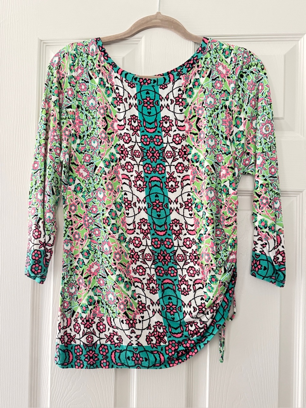 Ruby Rd. Teal, Pink & White Floral Scoop-Neck Long Sleeve Top